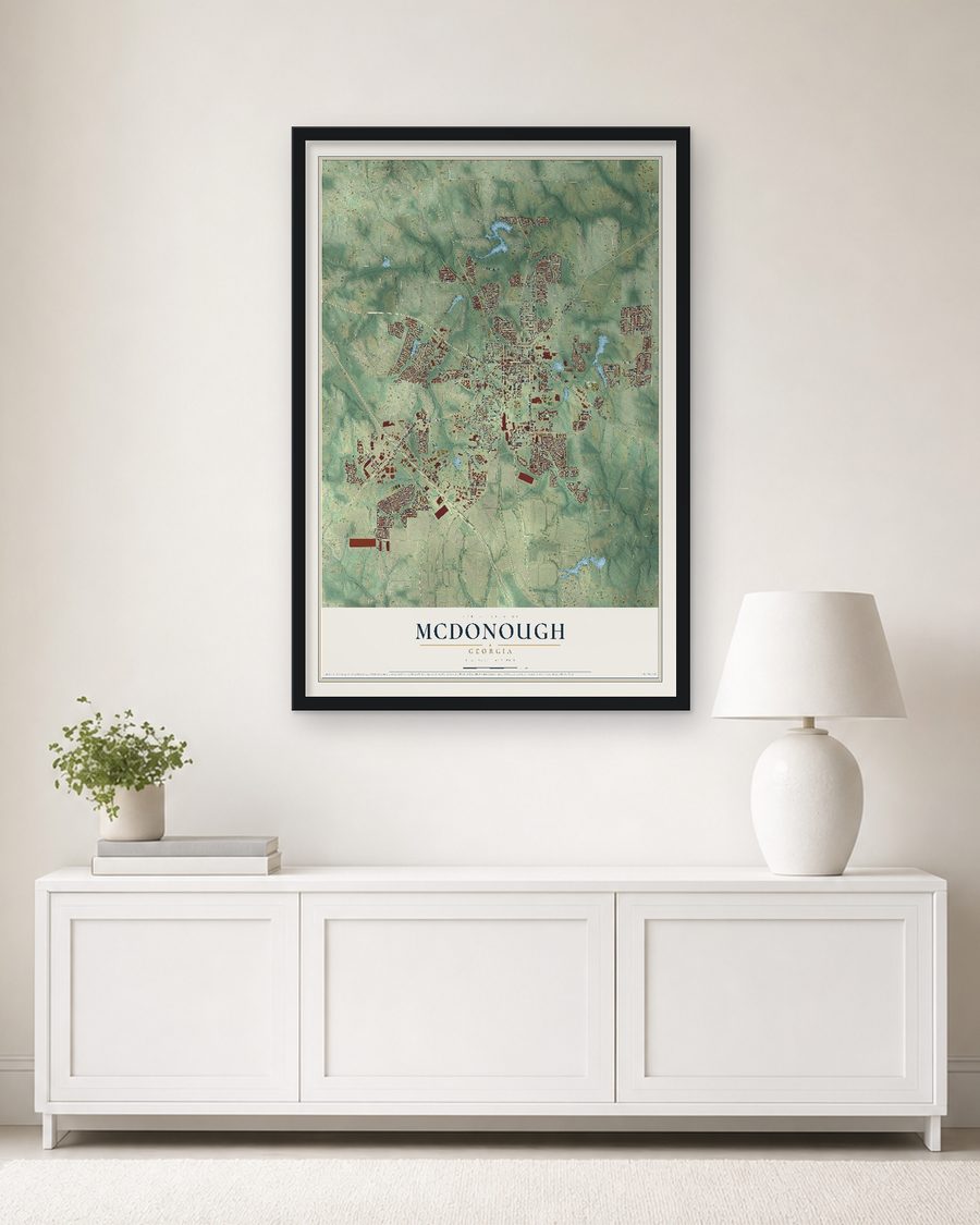 The McDonough, Georgia map, 24 x 36 in, in a black wood frame on a living room wall