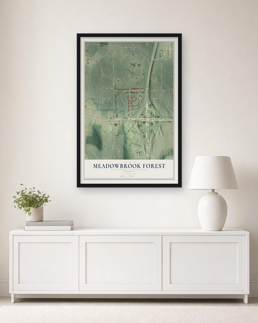 The Meadowbrook Forest, Georgia map, 24 x 36 in, in a black wood frame on a living room wall