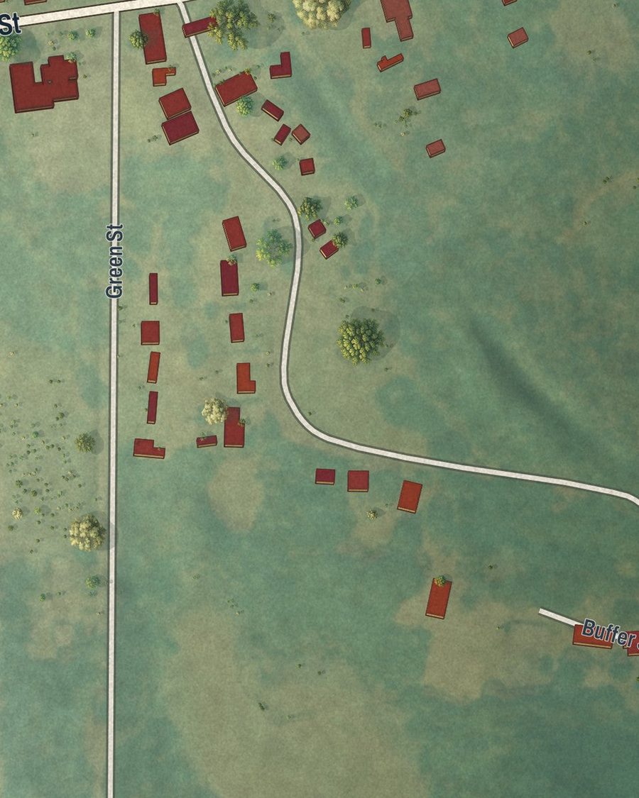 Close-up of Meansville streets on the map