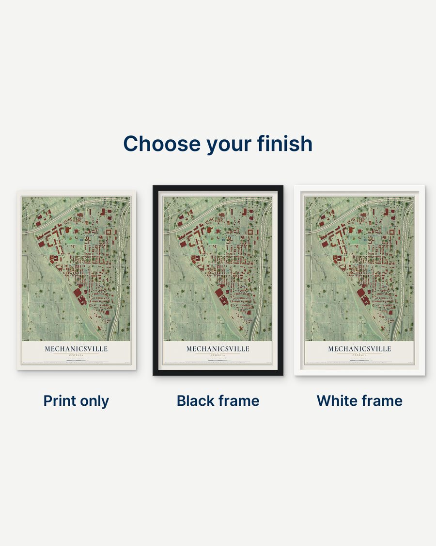 The Mechanicsville, Georgia map as a print only, in a black frame and in a white frame