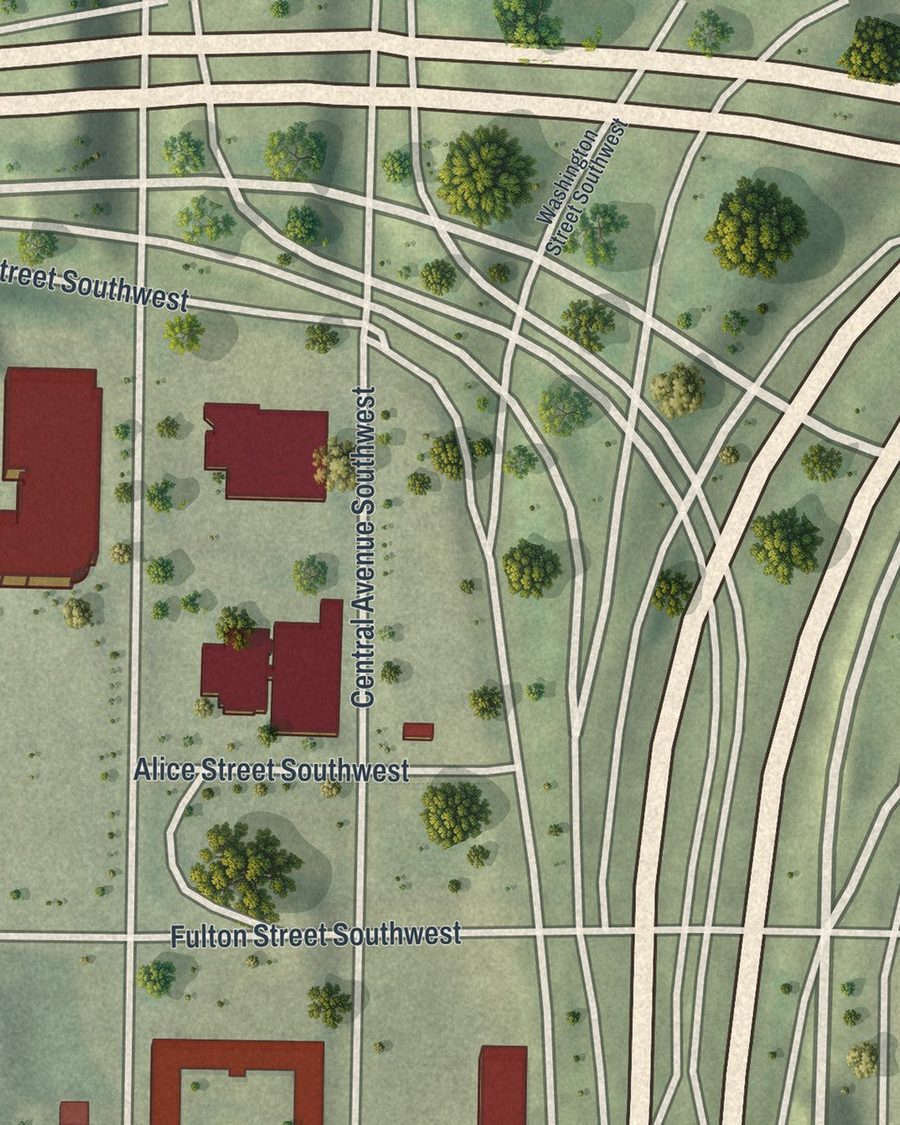 Close-up of Mechanicsville streets on the map
