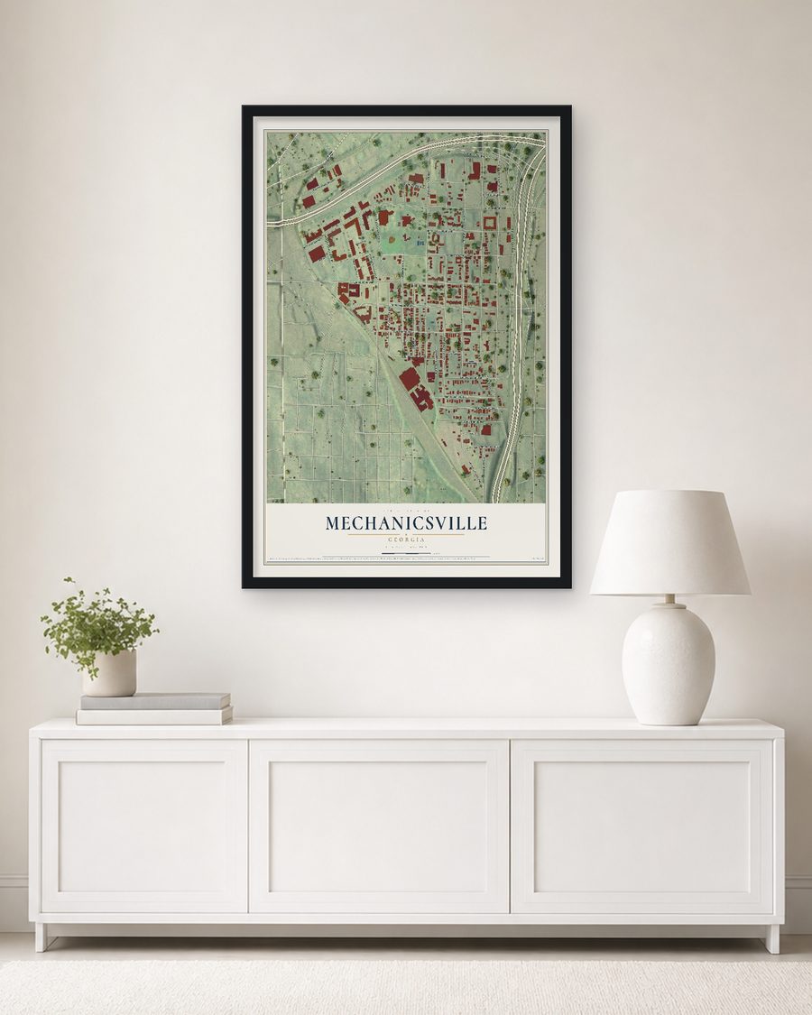 The Mechanicsville, Georgia map, 24 x 36 in, in a black wood frame on a living room wall