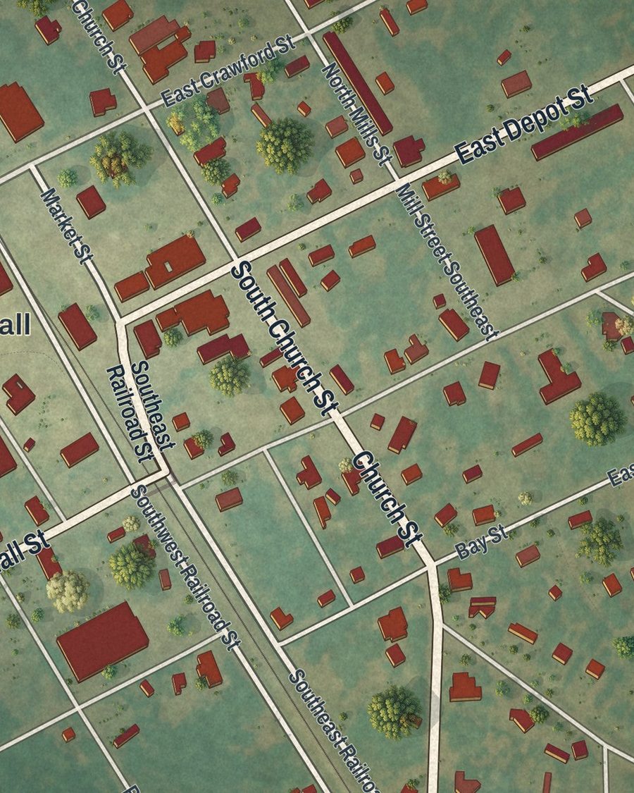 Close-up of Meigs streets on the map