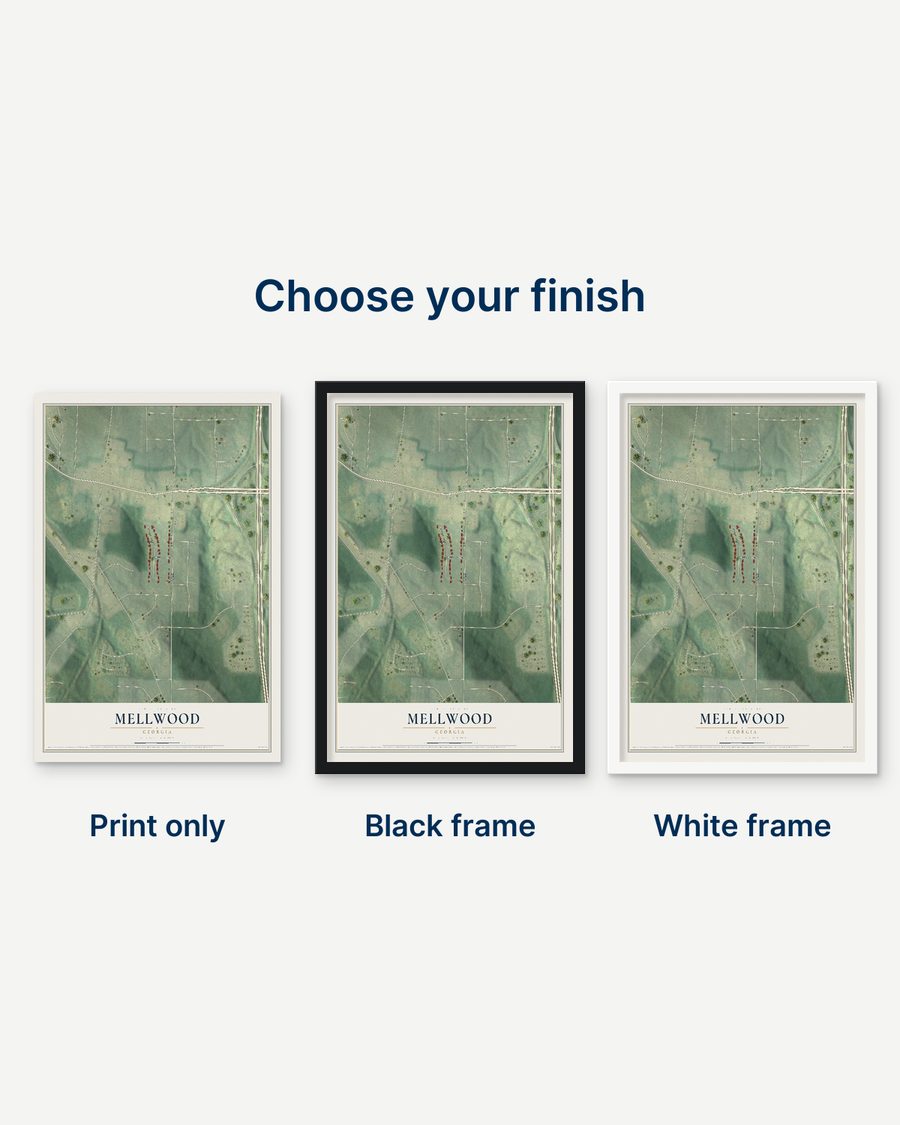 The Mellwood, Georgia map as a print only, in a black frame and in a white frame