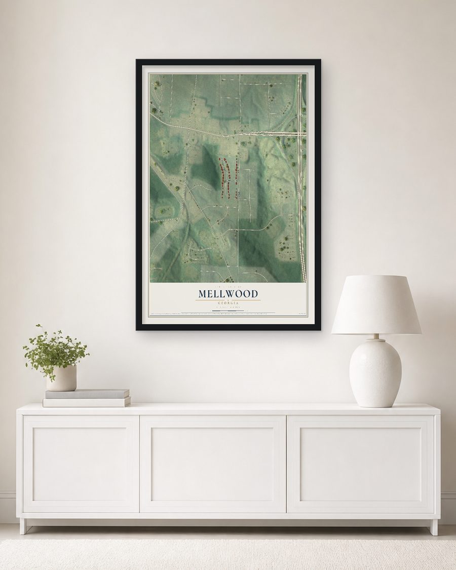 The Mellwood, Georgia map, 24 x 36 in, in a black wood frame on a living room wall