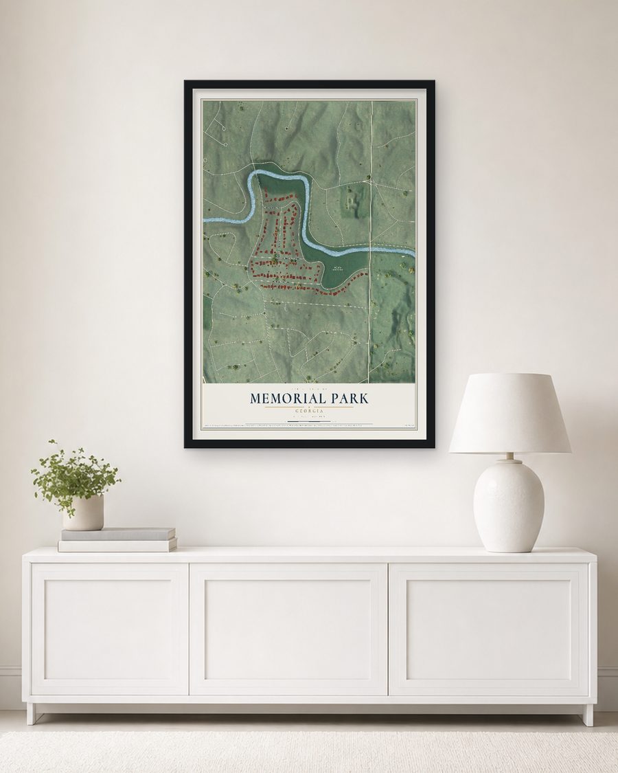 The Memorial Park, Georgia map, 24 x 36 in, in a black wood frame on a living room wall