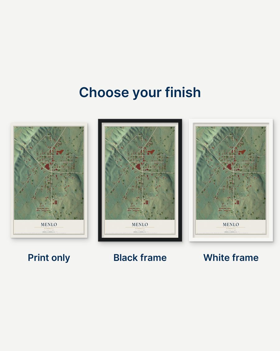 The Menlo, Georgia map as a print only, in a black frame and in a white frame