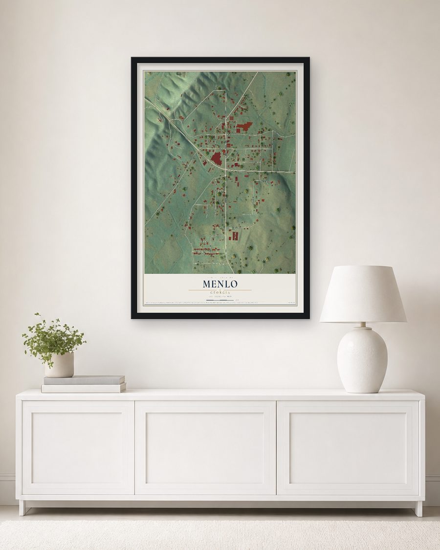 The Menlo, Georgia map, 24 x 36 in, in a black wood frame on a living room wall