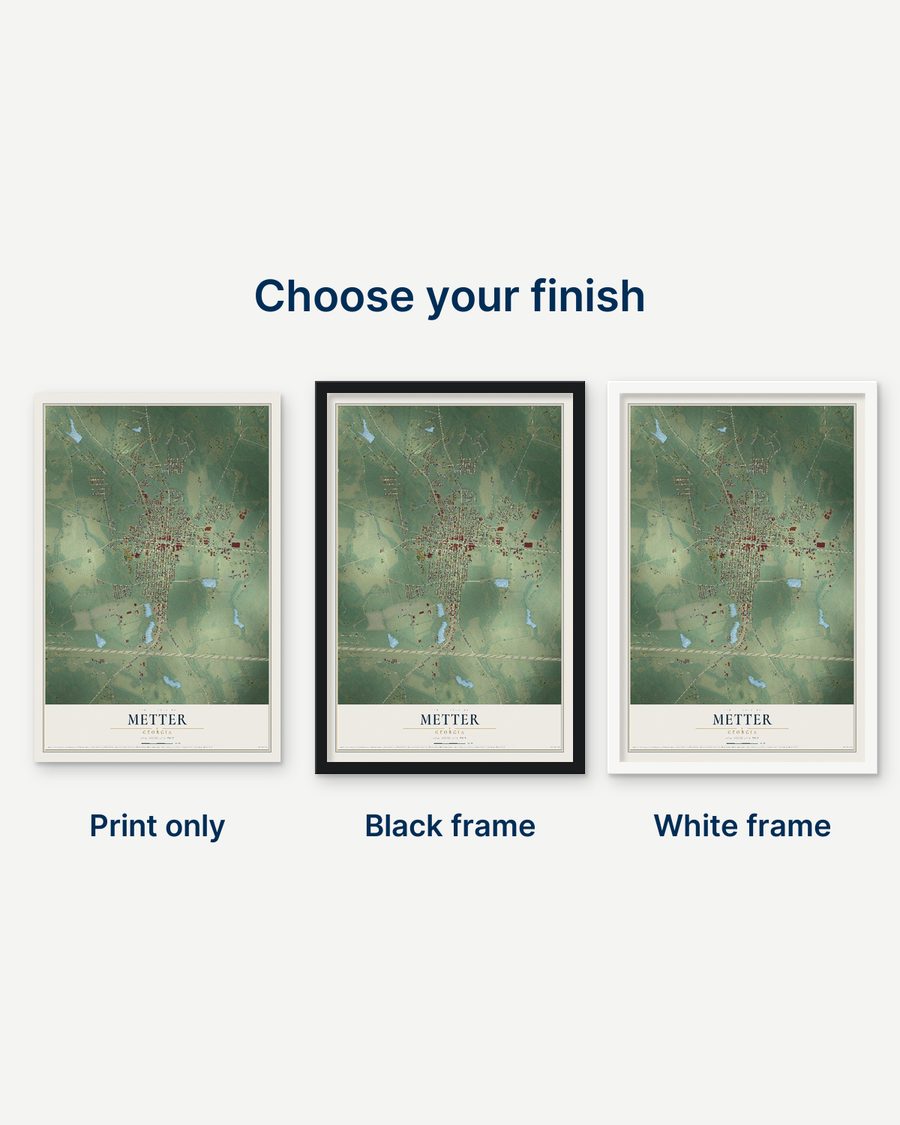 The Metter, Georgia map as a print only, in a black frame and in a white frame