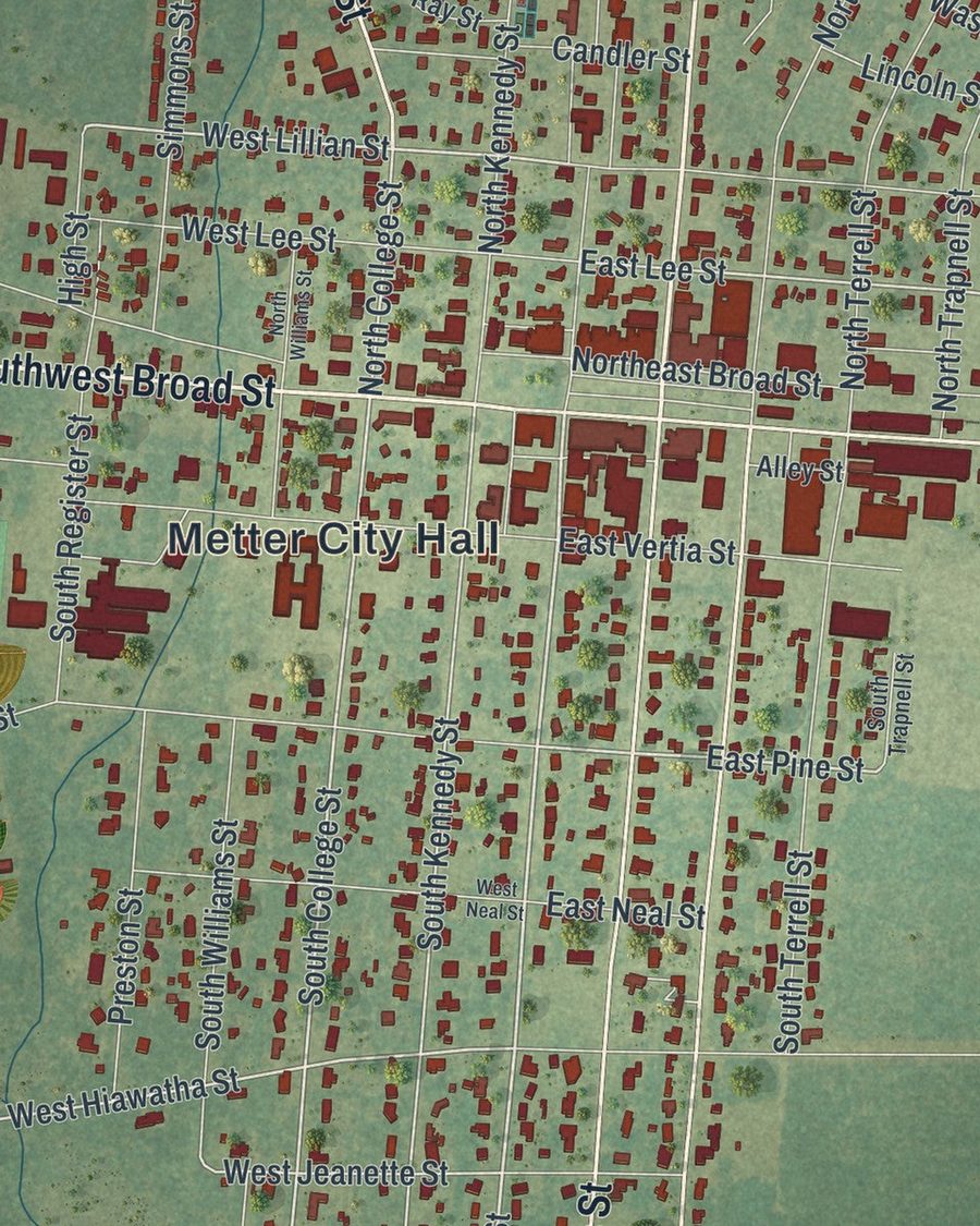 Close-up of Metter streets on the map