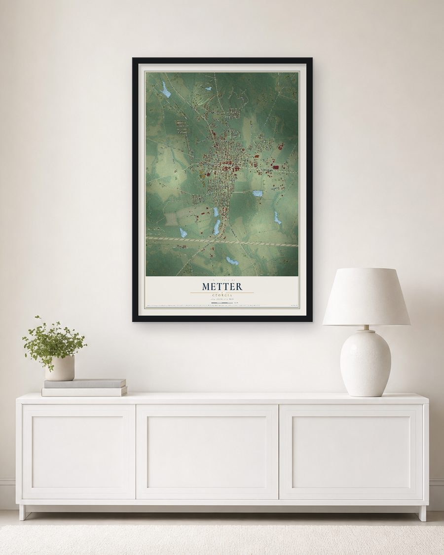 The Metter, Georgia map, 24 x 36 in, in a black wood frame on a living room wall