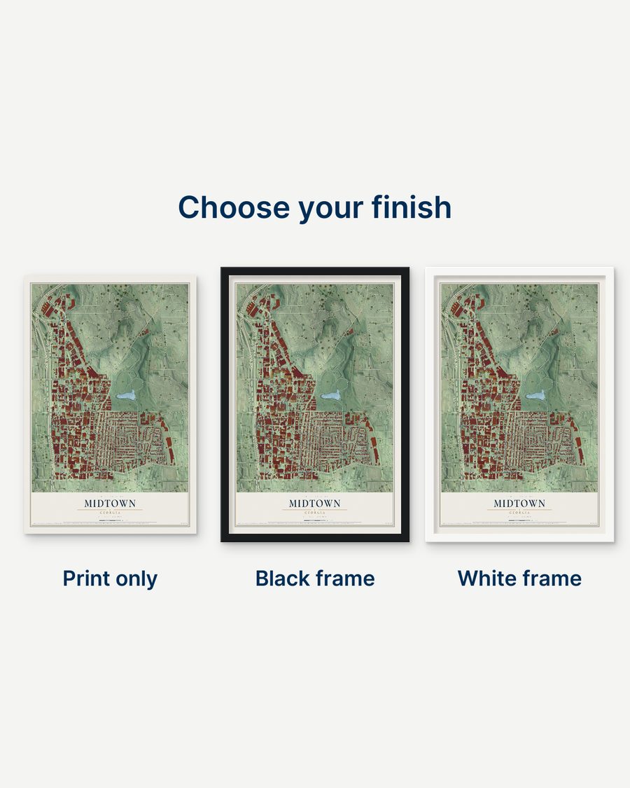 The Midtown, Georgia map as a print only, in a black frame and in a white frame