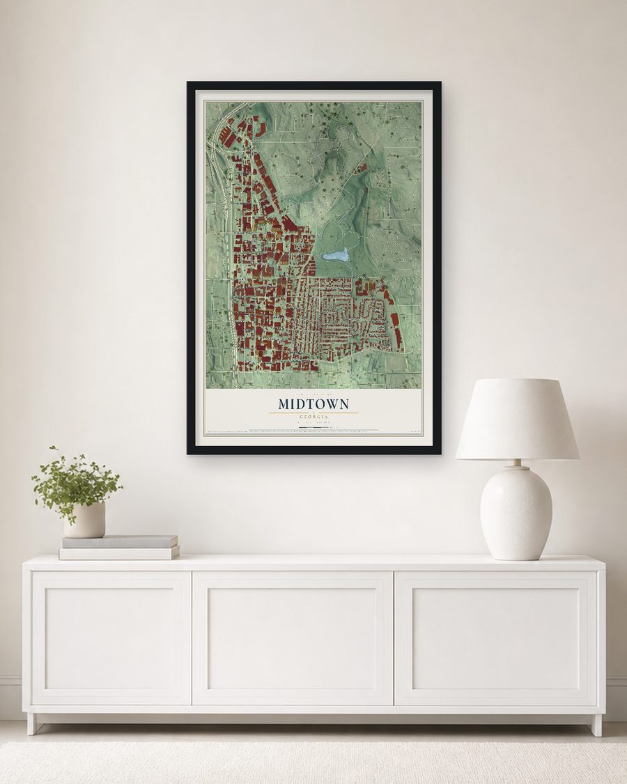 The Midtown, Georgia map, 24 x 36 in, in a black wood frame on a living room wall