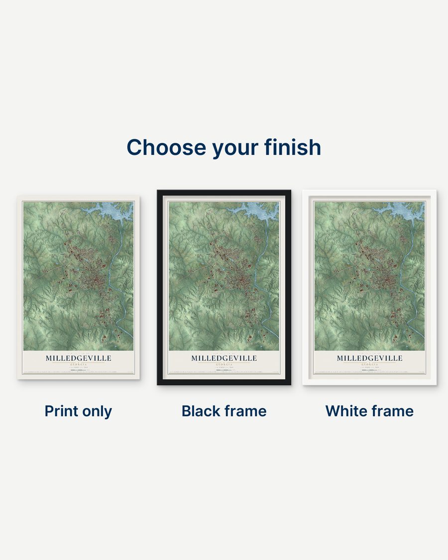 The Milledgeville, Georgia map as a print only, in a black frame and in a white frame