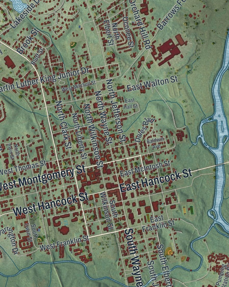 Close-up of Milledgeville streets on the map