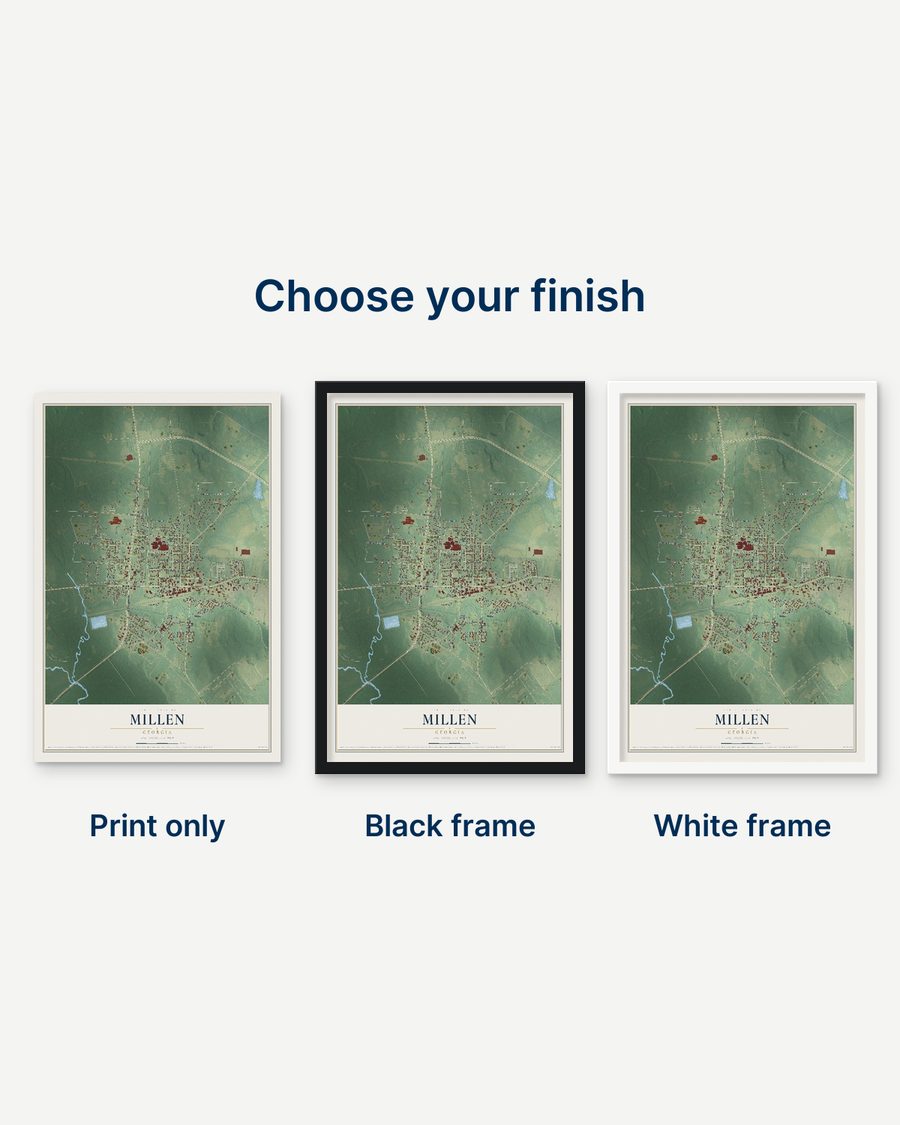 The Millen, Georgia map as a print only, in a black frame and in a white frame