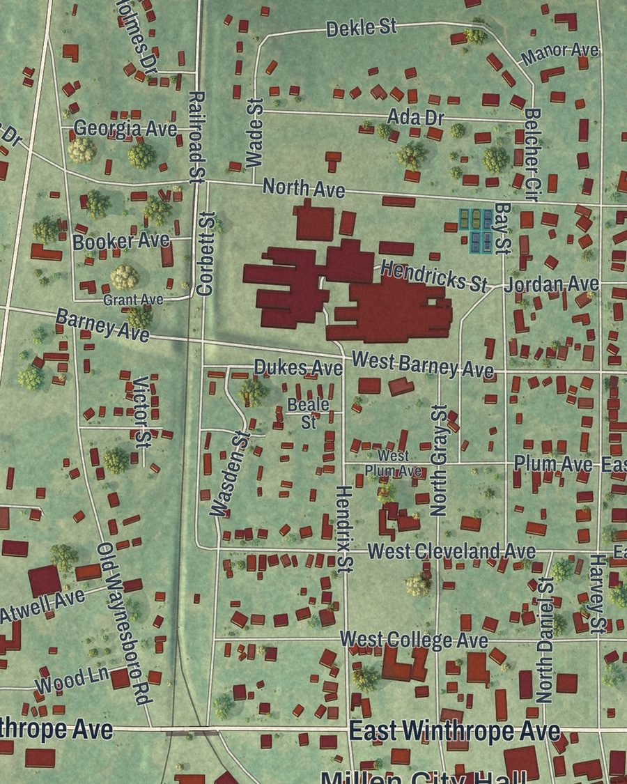 Close-up of Millen streets on the map