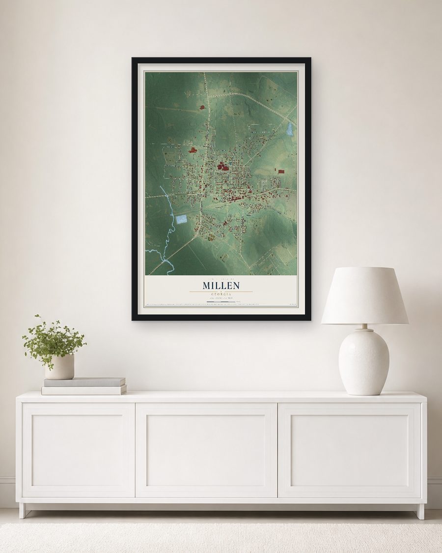 The Millen, Georgia map, 24 x 36 in, in a black wood frame on a living room wall