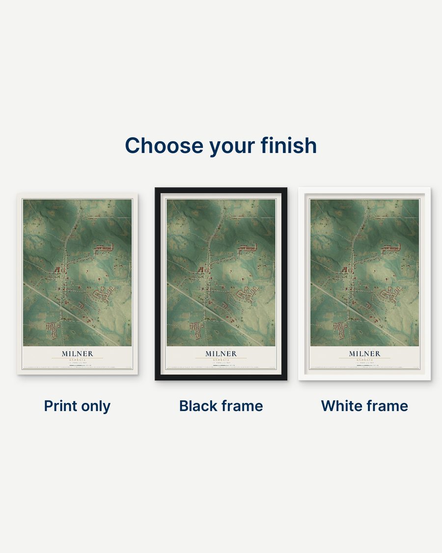 The Milner, Georgia map as a print only, in a black frame and in a white frame