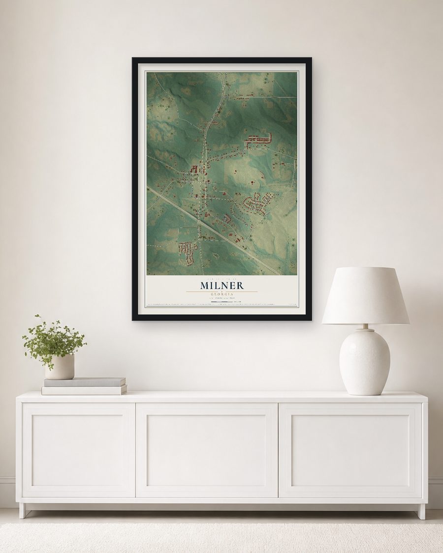 The Milner, Georgia map, 24 x 36 in, in a black wood frame on a living room wall