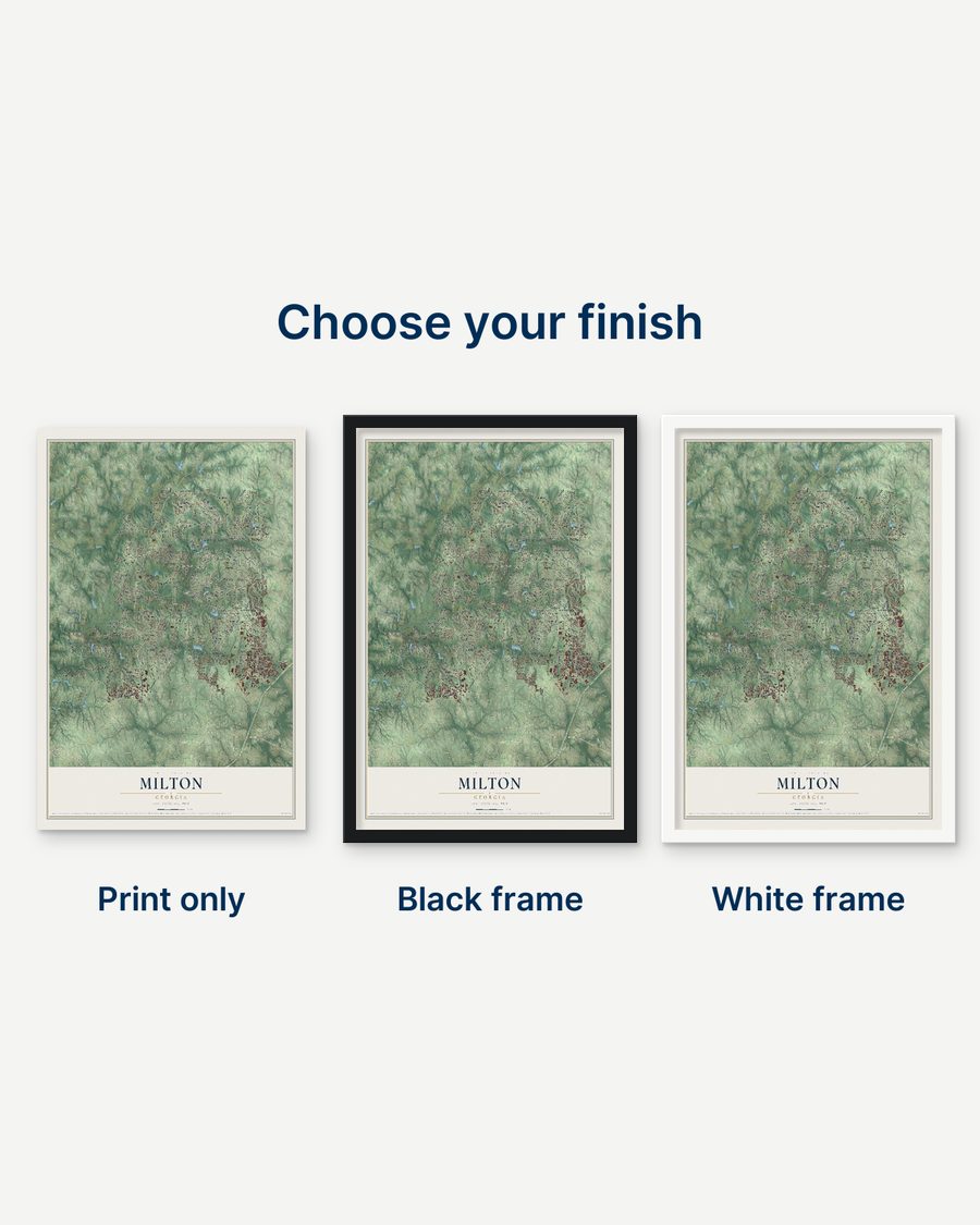 The Milton, Georgia map as a print only, in a black frame and in a white frame