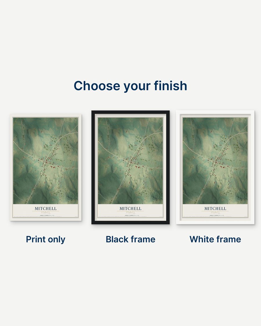 The Mitchell, Georgia map as a print only, in a black frame and in a white frame