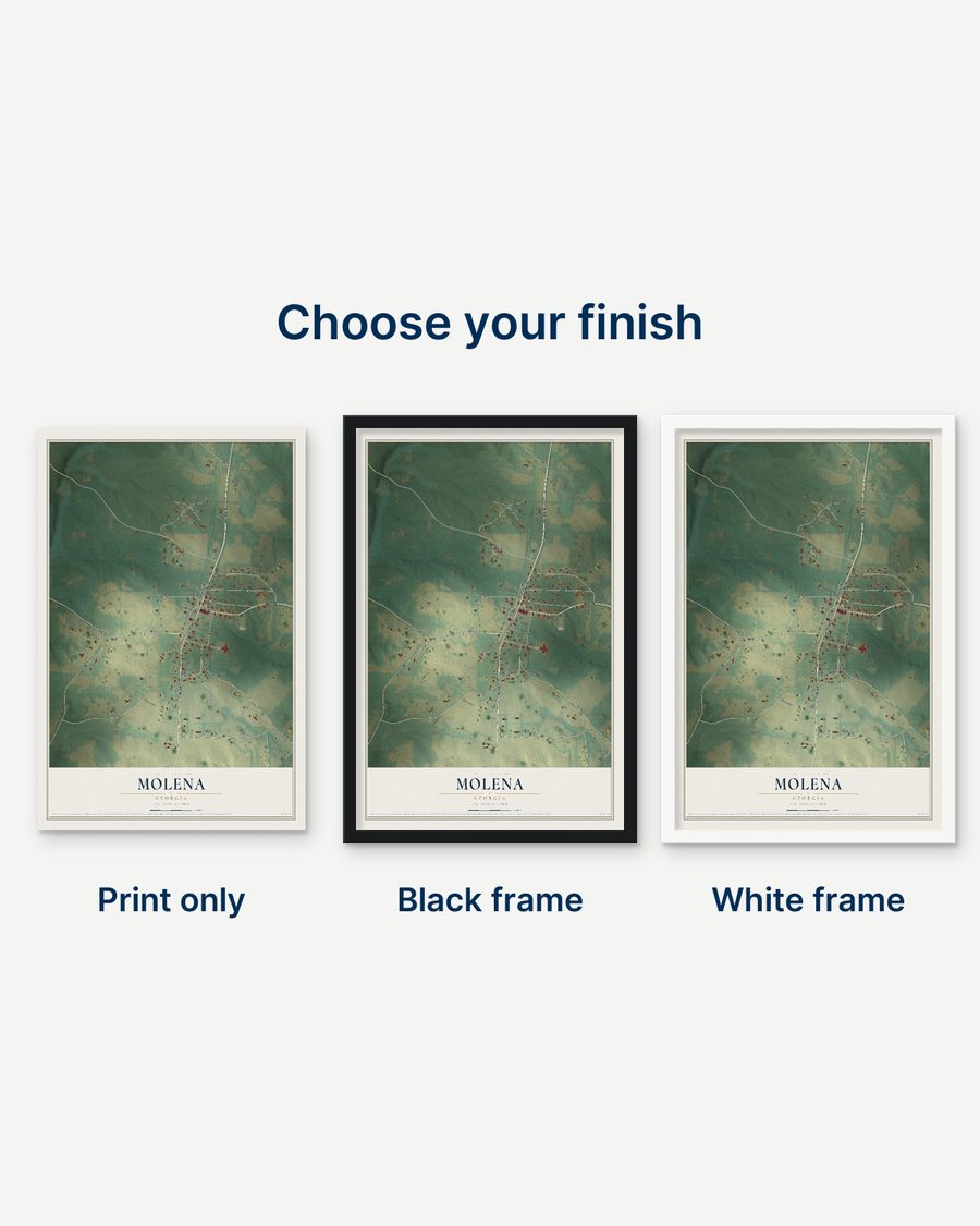 The Molena, Georgia map as a print only, in a black frame and in a white frame