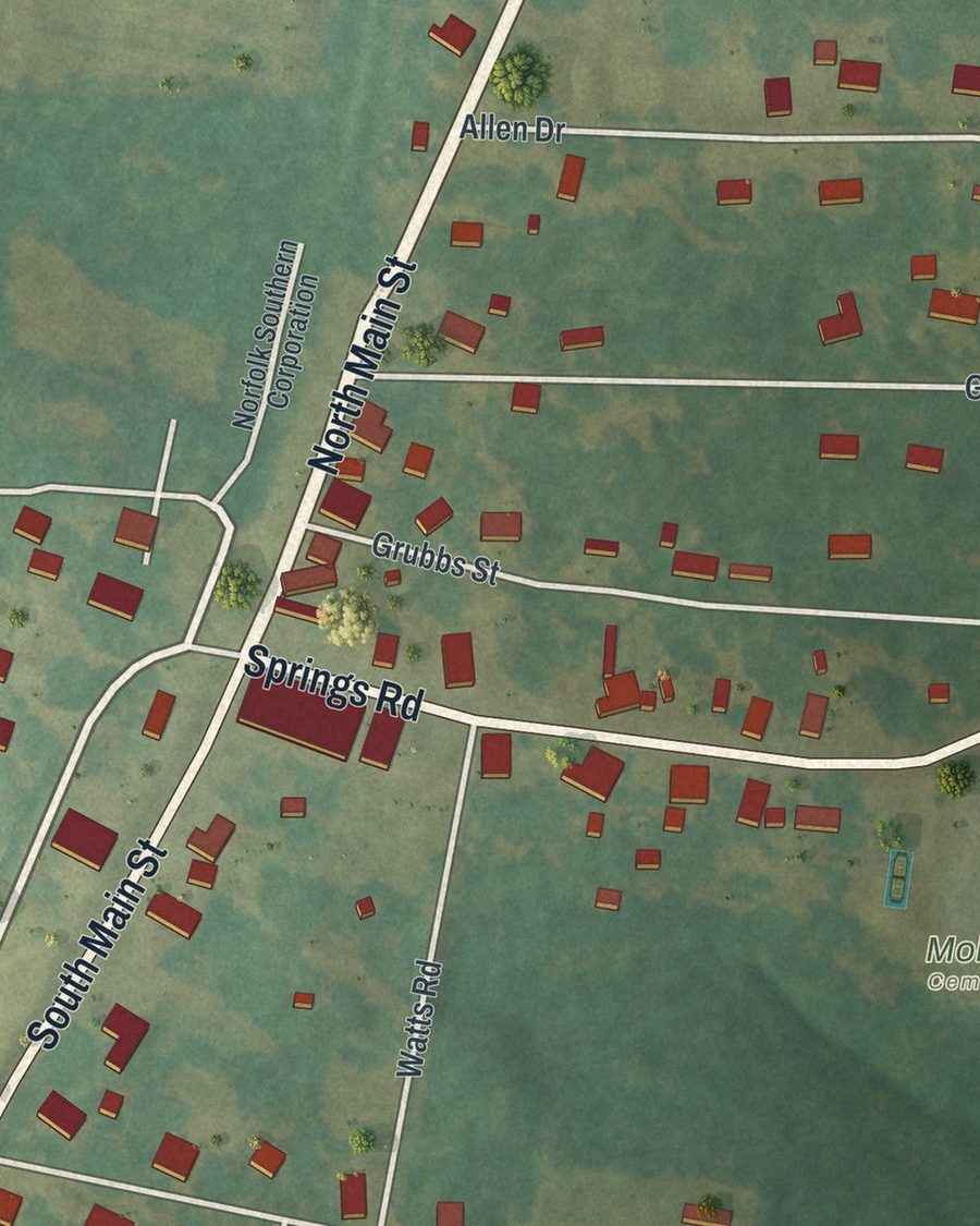 Close-up of Molena streets on the map