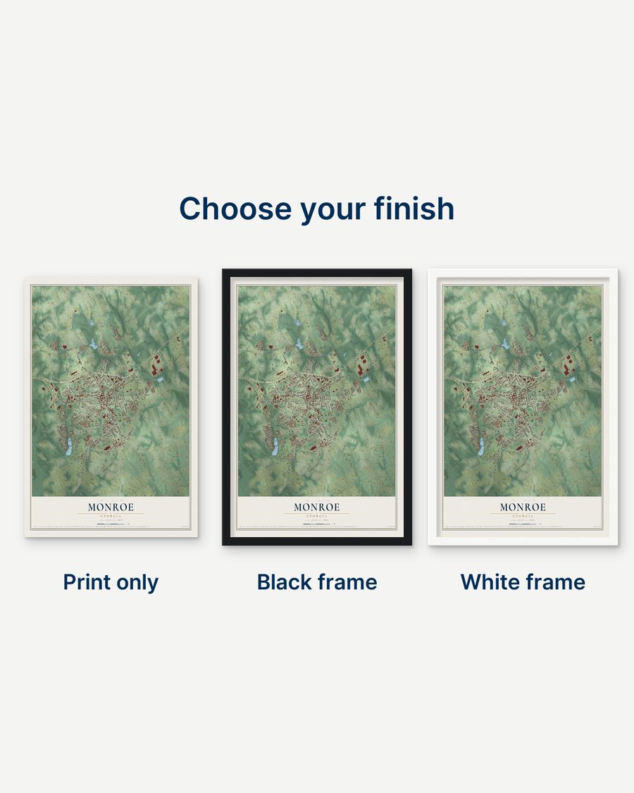 The Monroe, Georgia map as a print only, in a black frame and in a white frame
