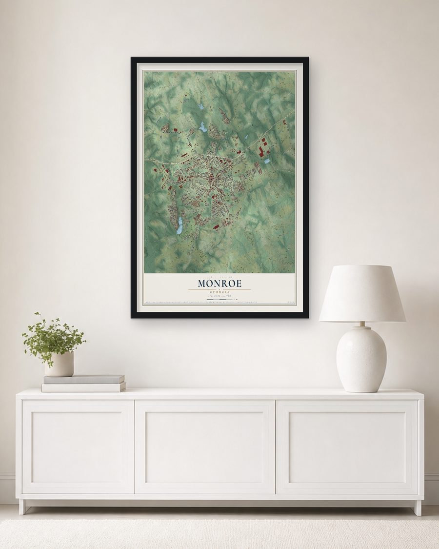 The Monroe, Georgia map, 24 x 36 in, in a black wood frame on a living room wall