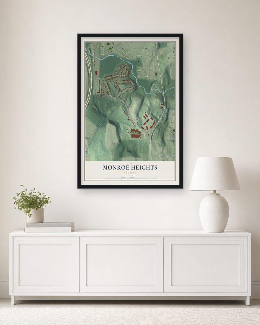 The Monroe Heights, Georgia map, 24 x 36 in, in a black wood frame on a living room wall
