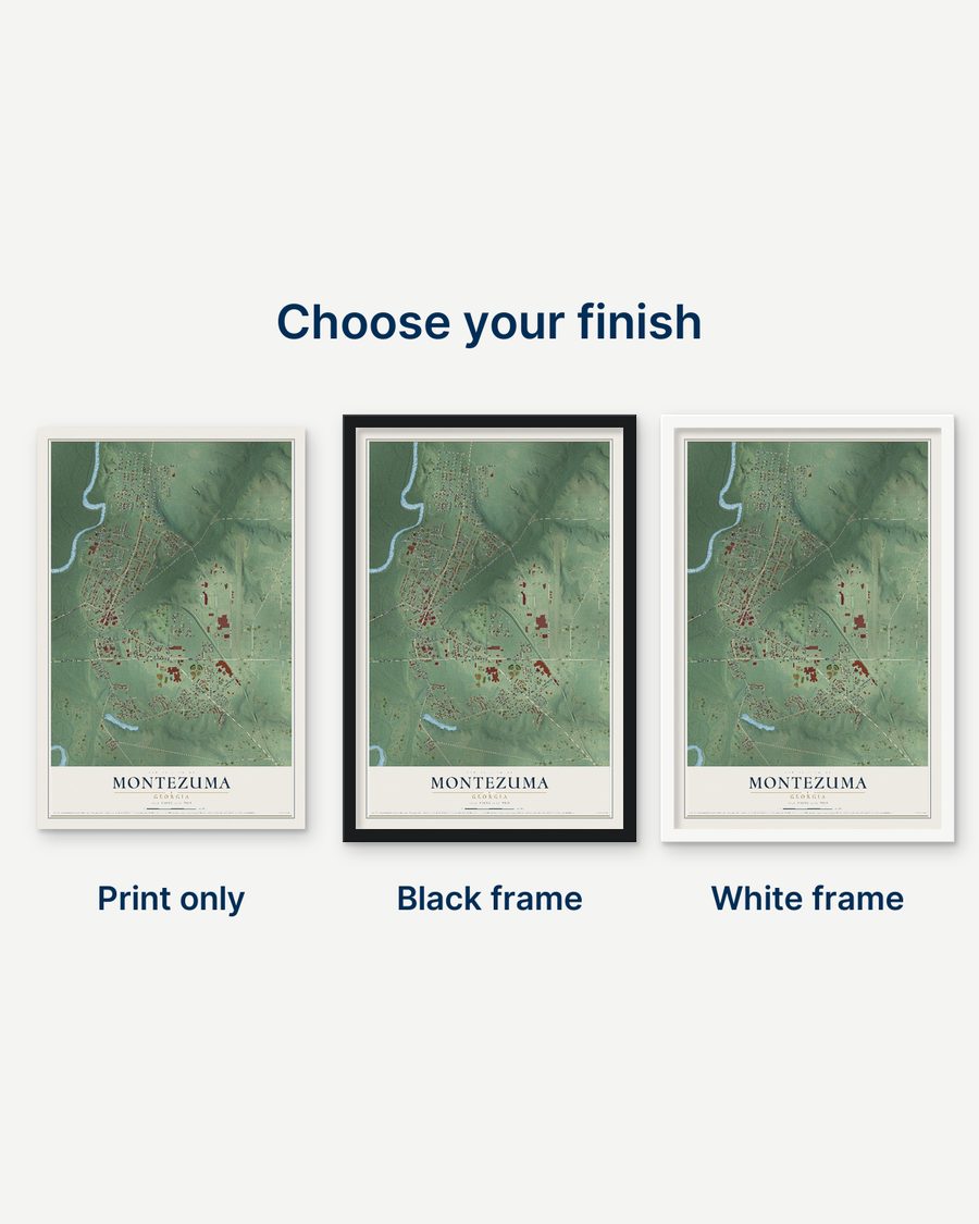 The Montezuma, Georgia map as a print only, in a black frame and in a white frame