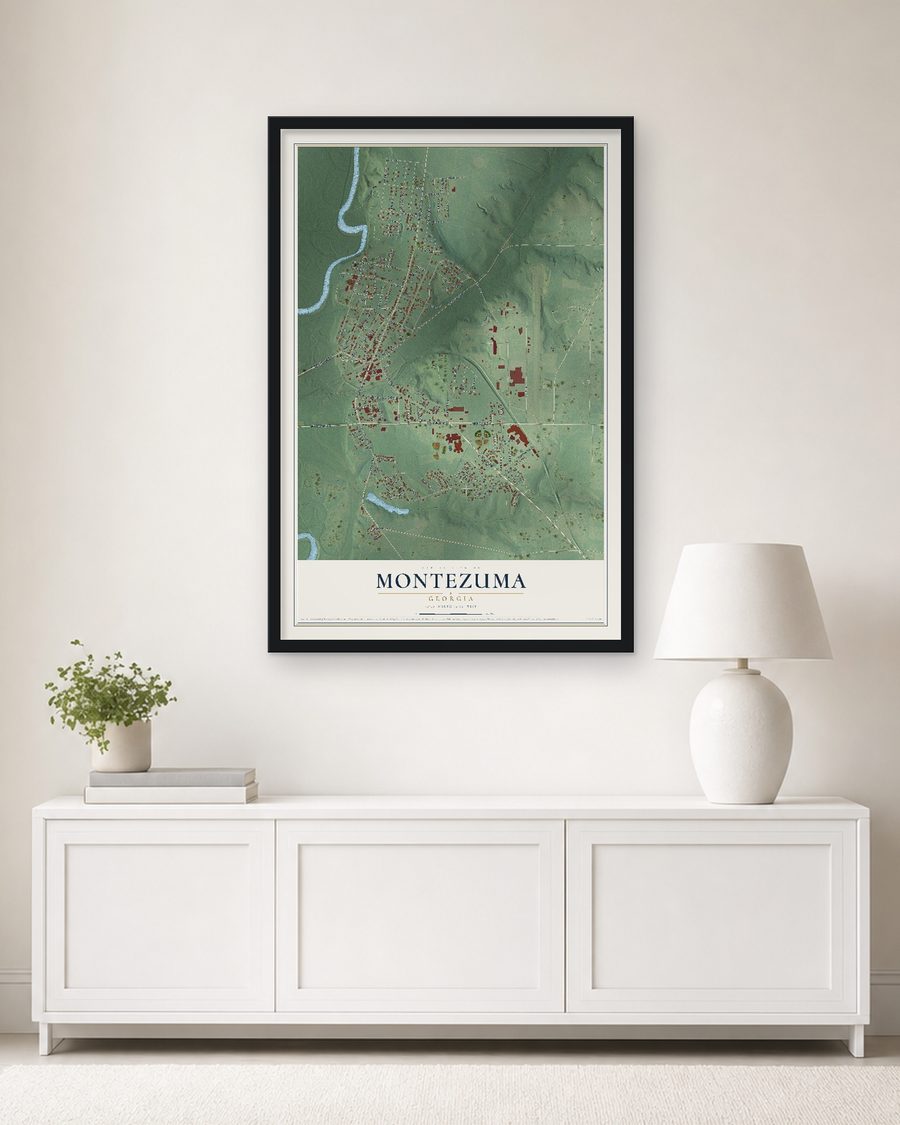 The Montezuma, Georgia map, 24 x 36 in, in a black wood frame on a living room wall
