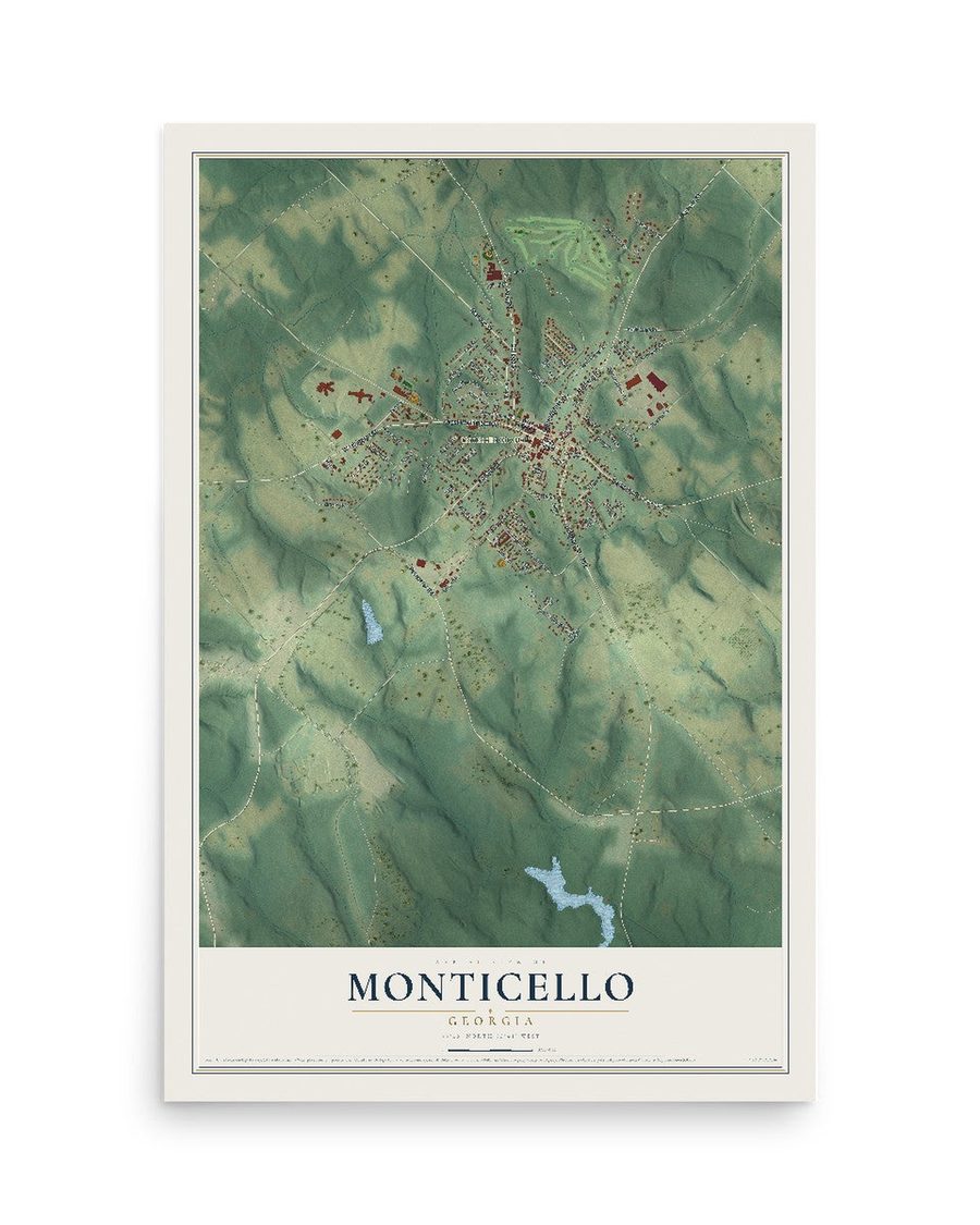 Monticello, Georgia map print, 12 x 18 in, print only