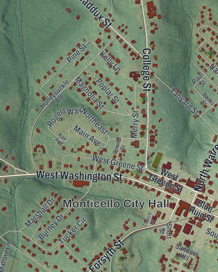 Close-up of Monticello streets on the map