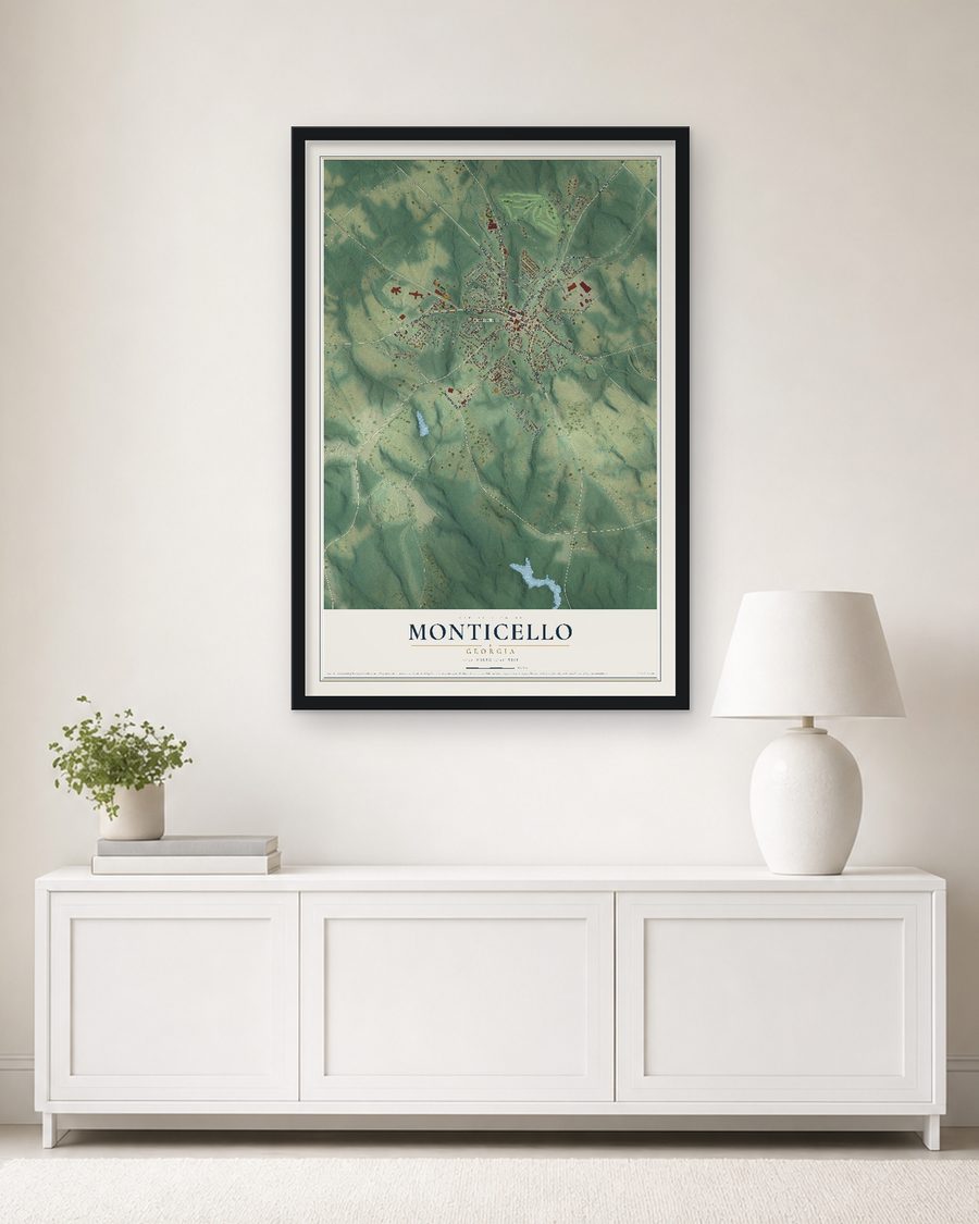 The Monticello, Georgia map, 24 x 36 in, in a black wood frame on a living room wall