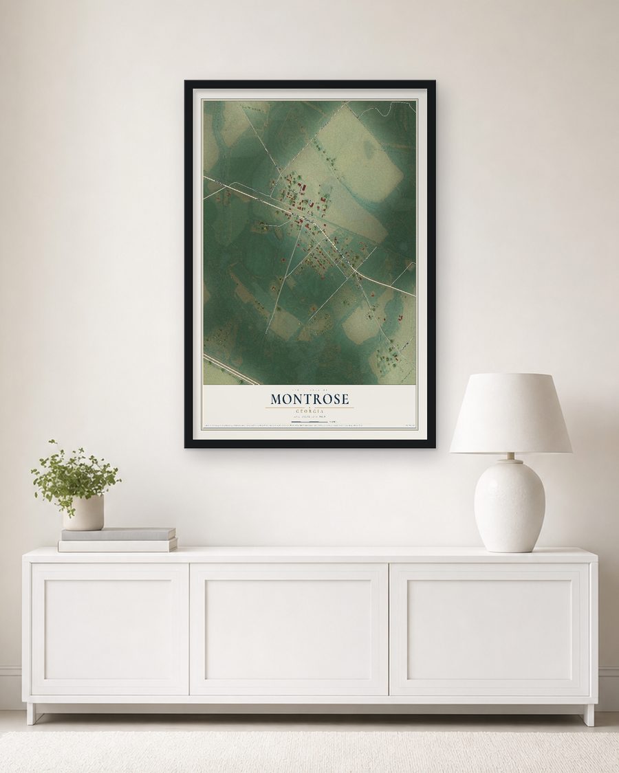 The Montrose, Georgia map, 24 x 36 in, in a black wood frame on a living room wall