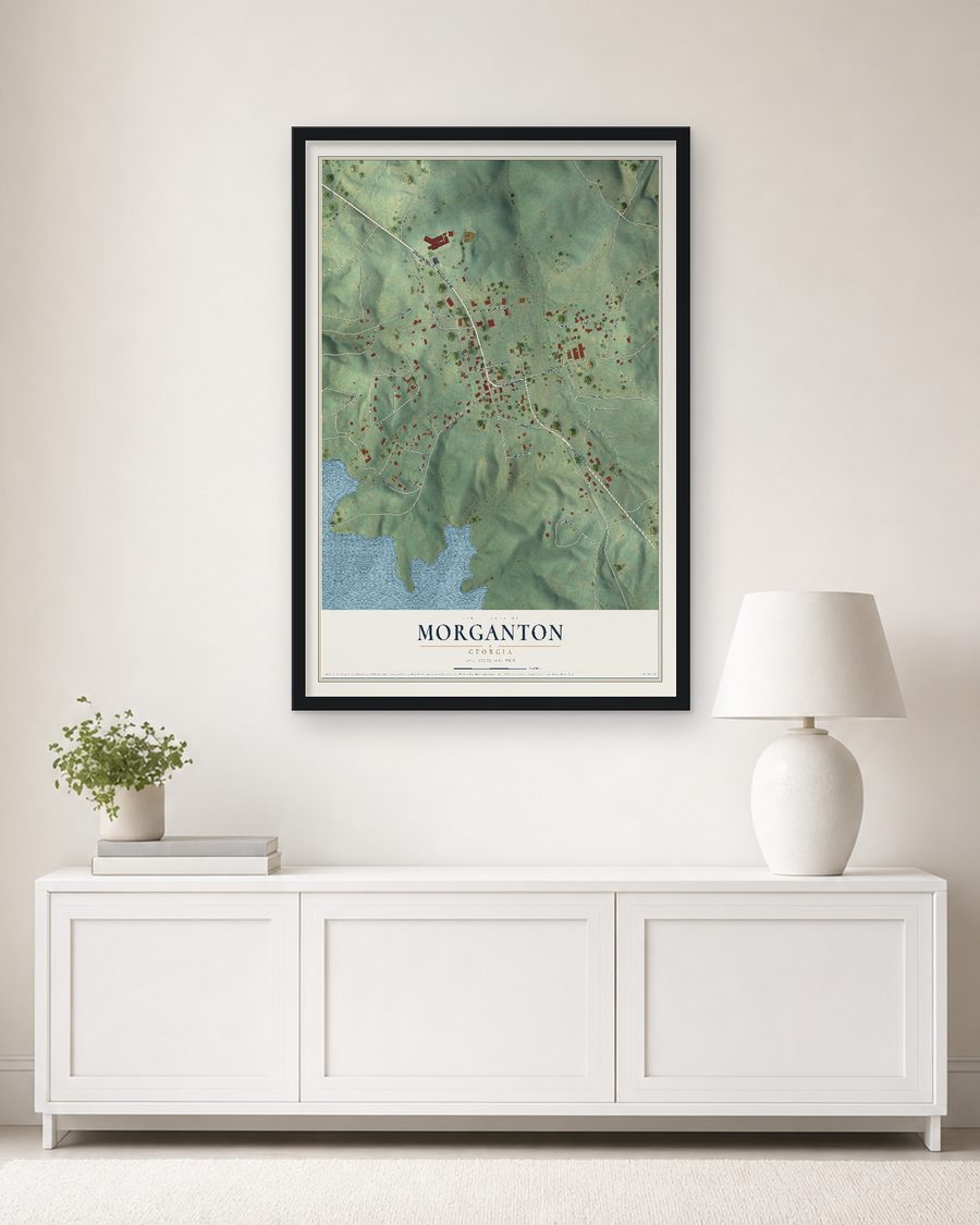 The Morganton, Georgia map, 24 x 36 in, in a black wood frame on a living room wall