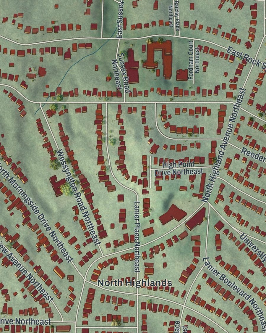 Close-up of Morningside-Lenox Park streets on the map