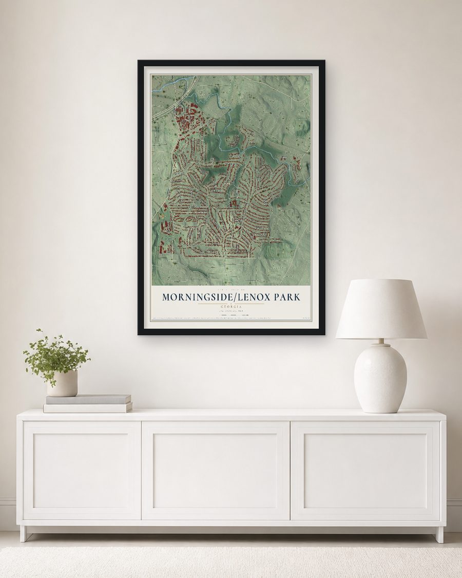 The Morningside-Lenox Park, Georgia map, 24 x 36 in, in a black wood frame on a living room wall