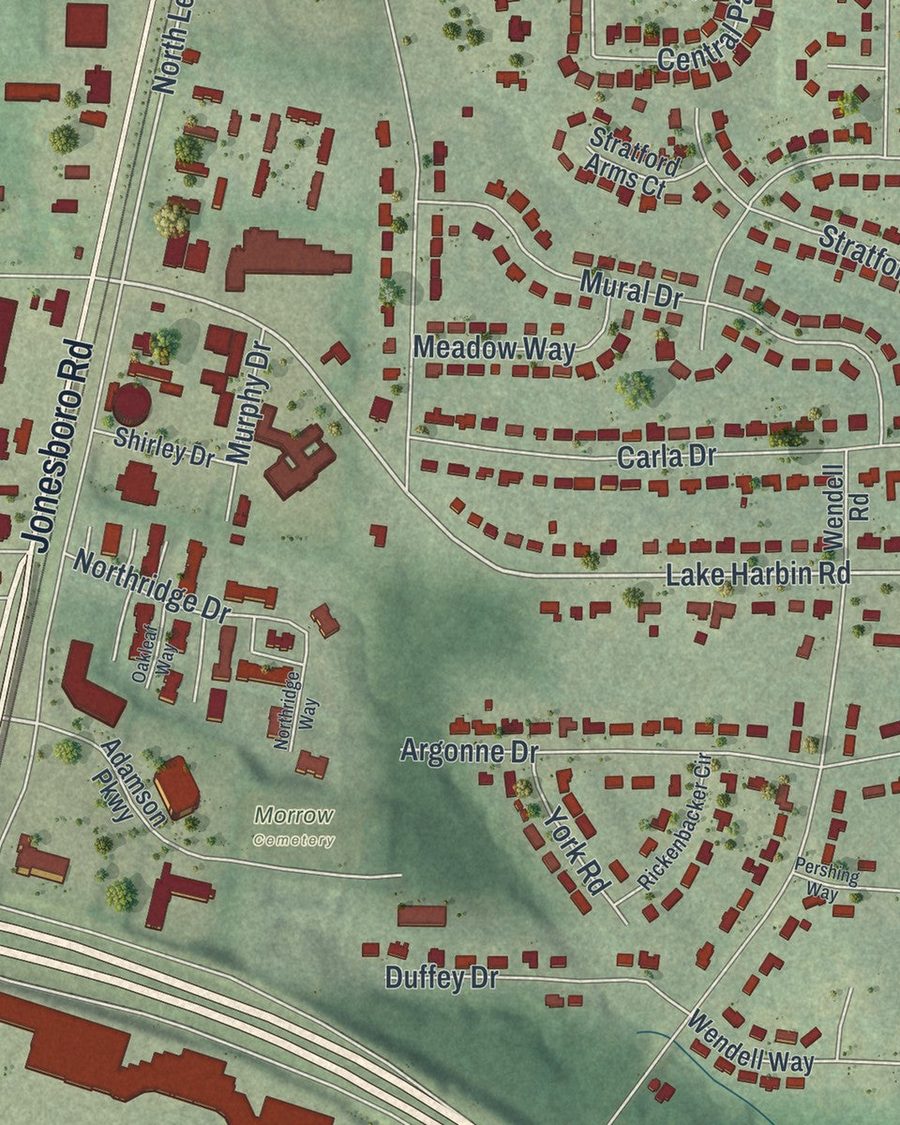 Close-up of Morrow streets on the map