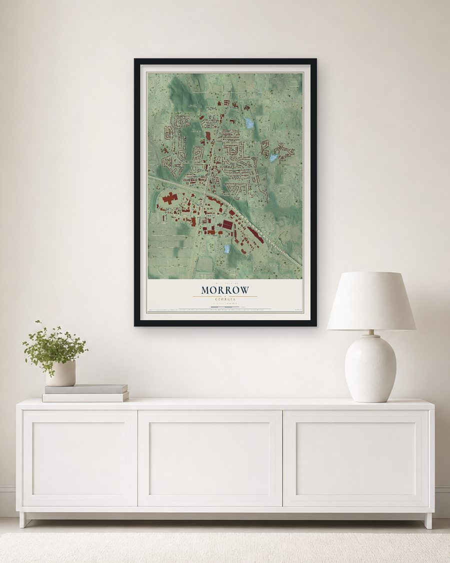 The Morrow, Georgia map, 24 x 36 in, in a black wood frame on a living room wall