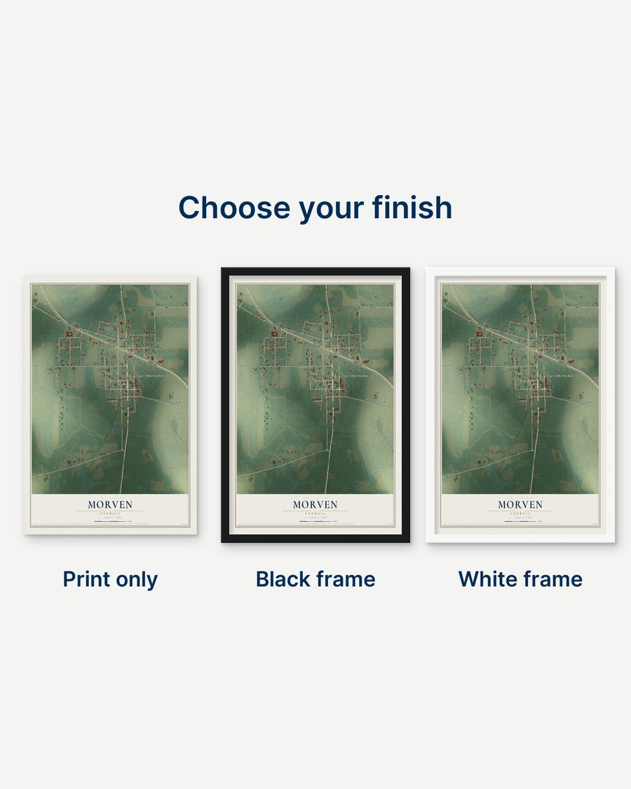 The Morven, Georgia map as a print only, in a black frame and in a white frame