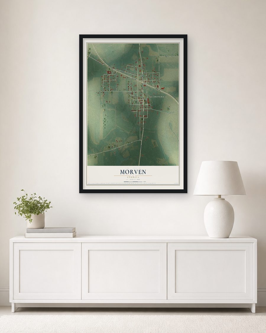 The Morven, Georgia map, 24 x 36 in, in a black wood frame on a living room wall