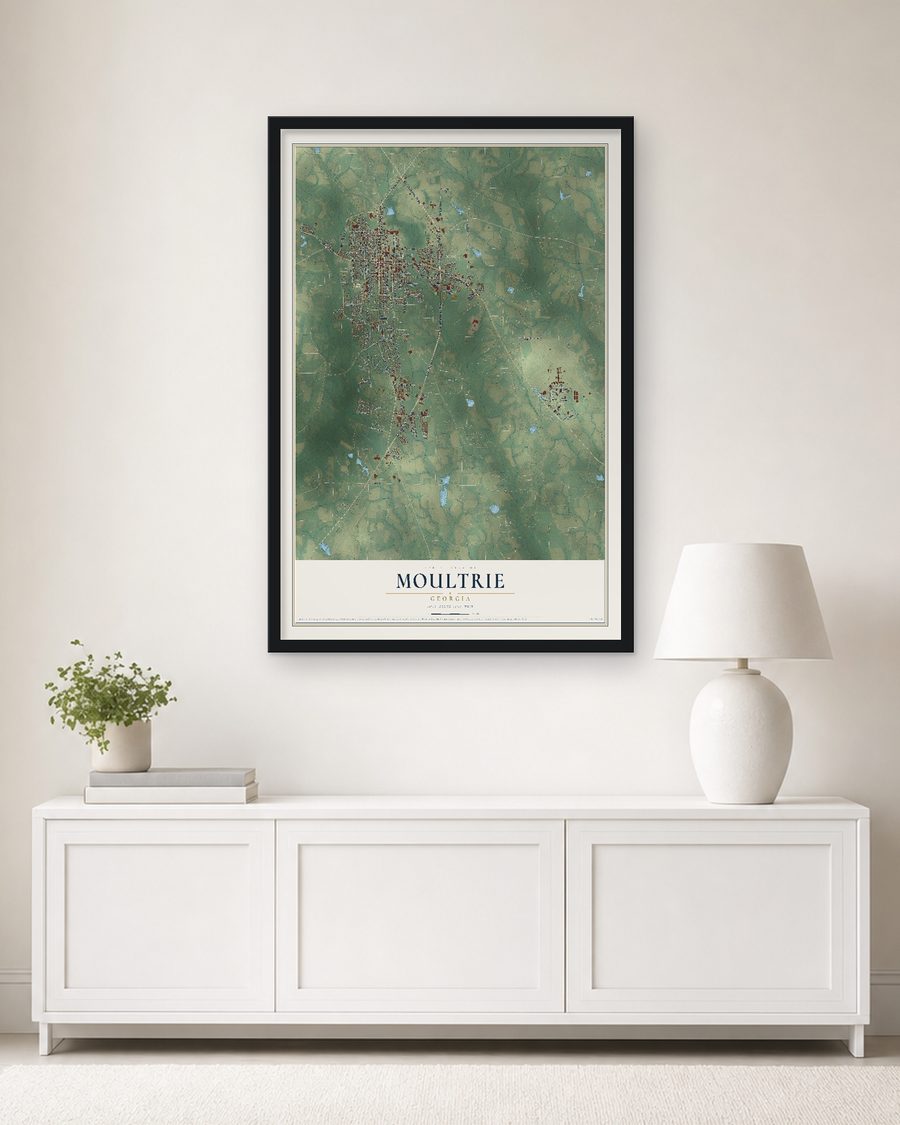 The Moultrie, Georgia map, 24 x 36 in, in a black wood frame on a living room wall