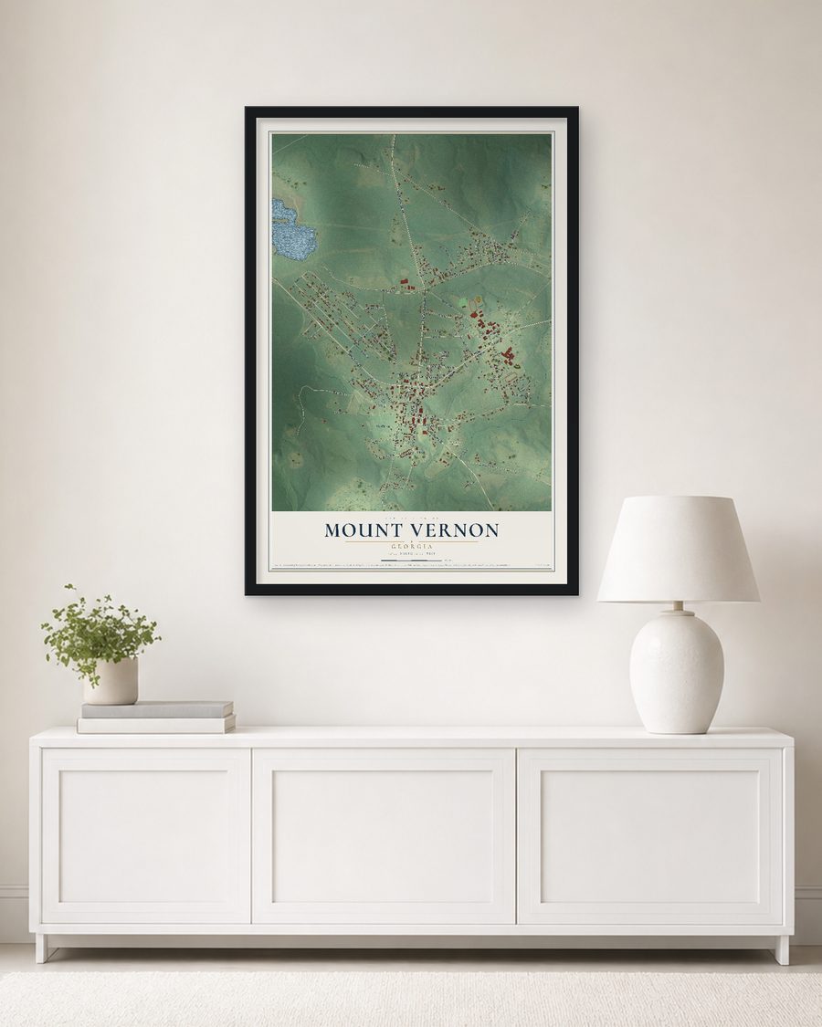 The Mount Vernon, Georgia map, 24 x 36 in, in a black wood frame on a living room wall