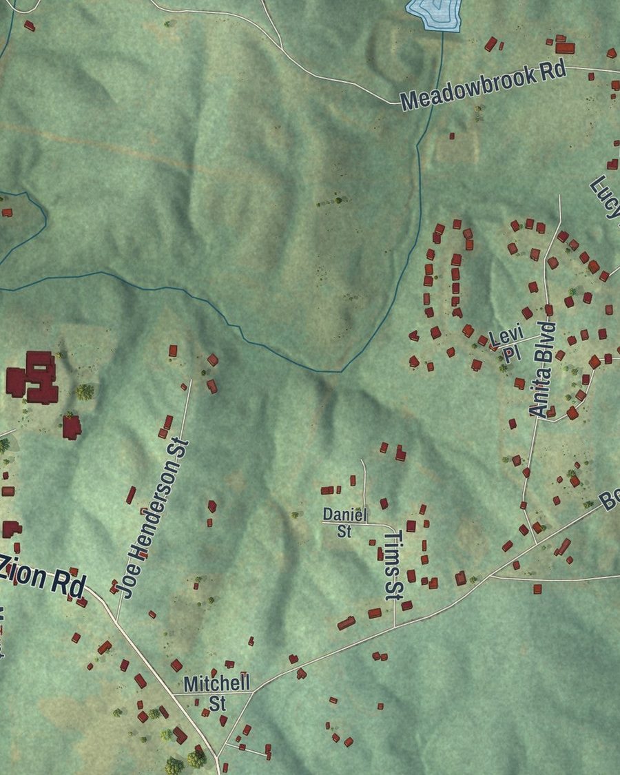 Close-up of Mount Zion streets on the map