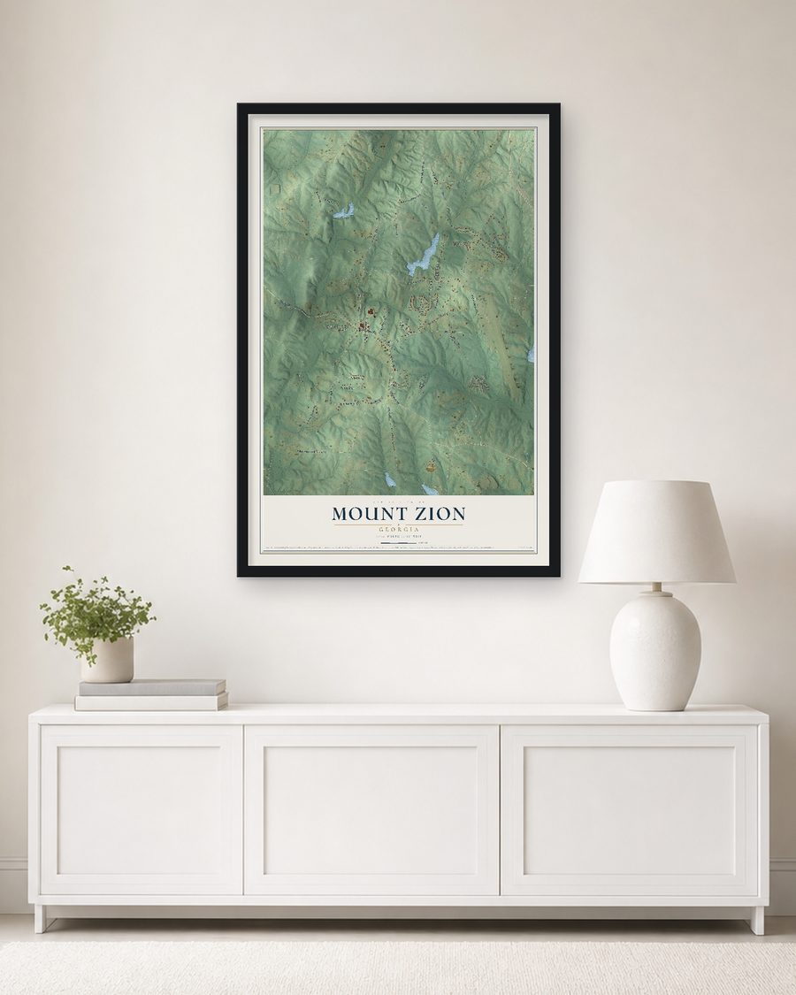 The Mount Zion, Georgia map, 24 x 36 in, in a black wood frame on a living room wall