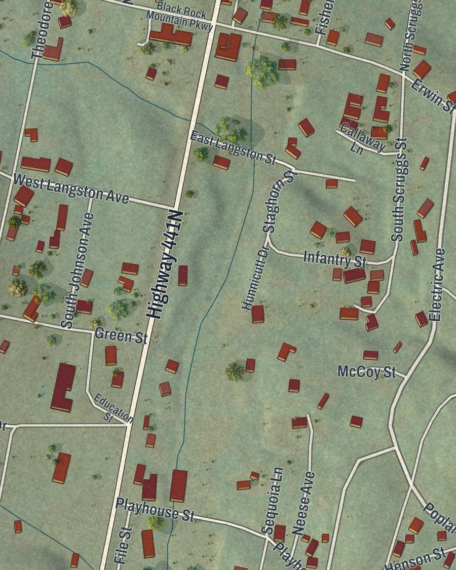 Close-up of Mountain City streets on the map
