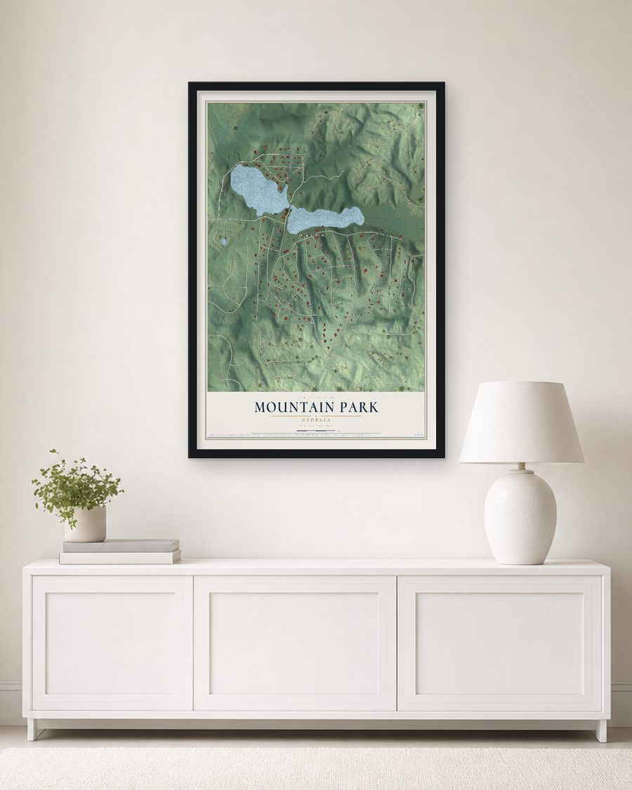 The Mountain Park, Georgia map, 24 x 36 in, in a black wood frame on a living room wall